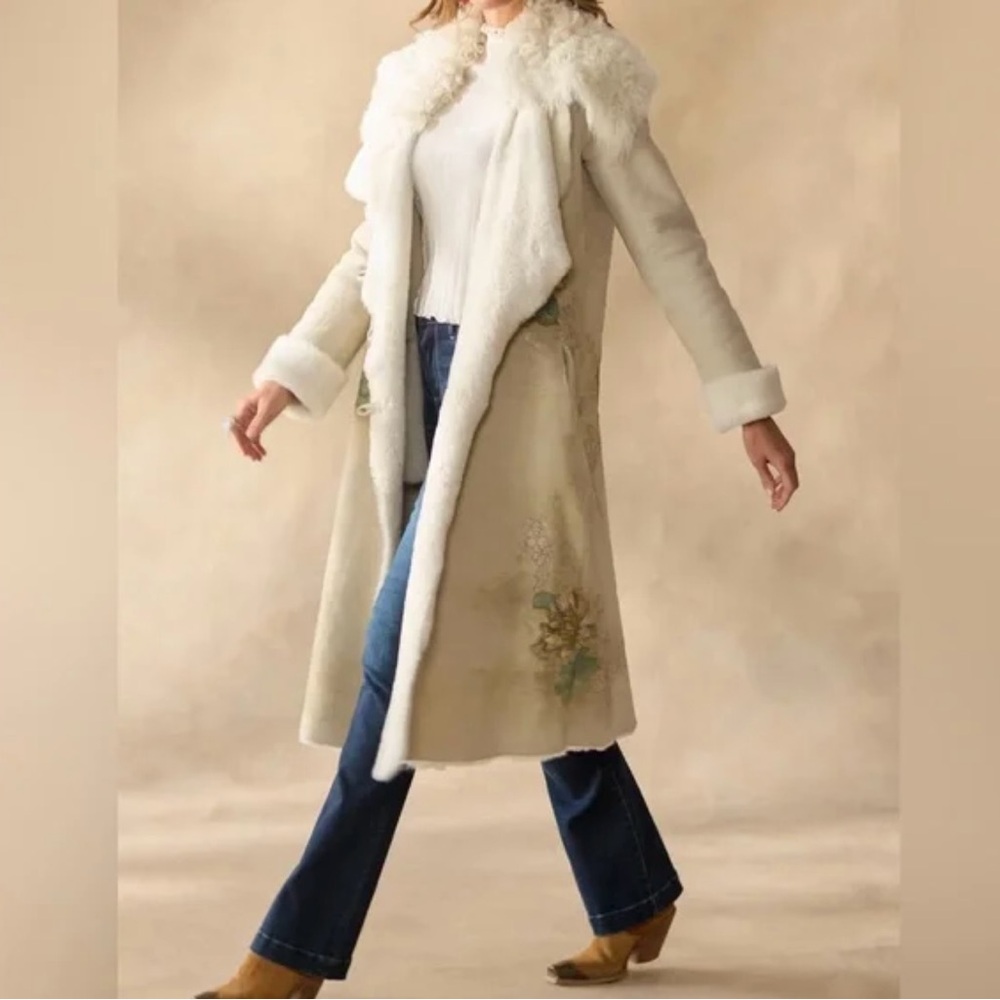 Sundance Ice Queen Shearling Long Coat with Floral Embroidery